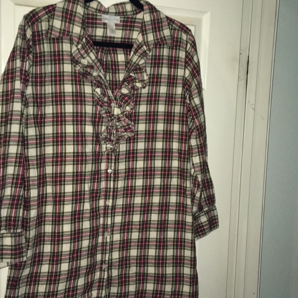 Soft surroundings plaid ruffle flannel top holiday